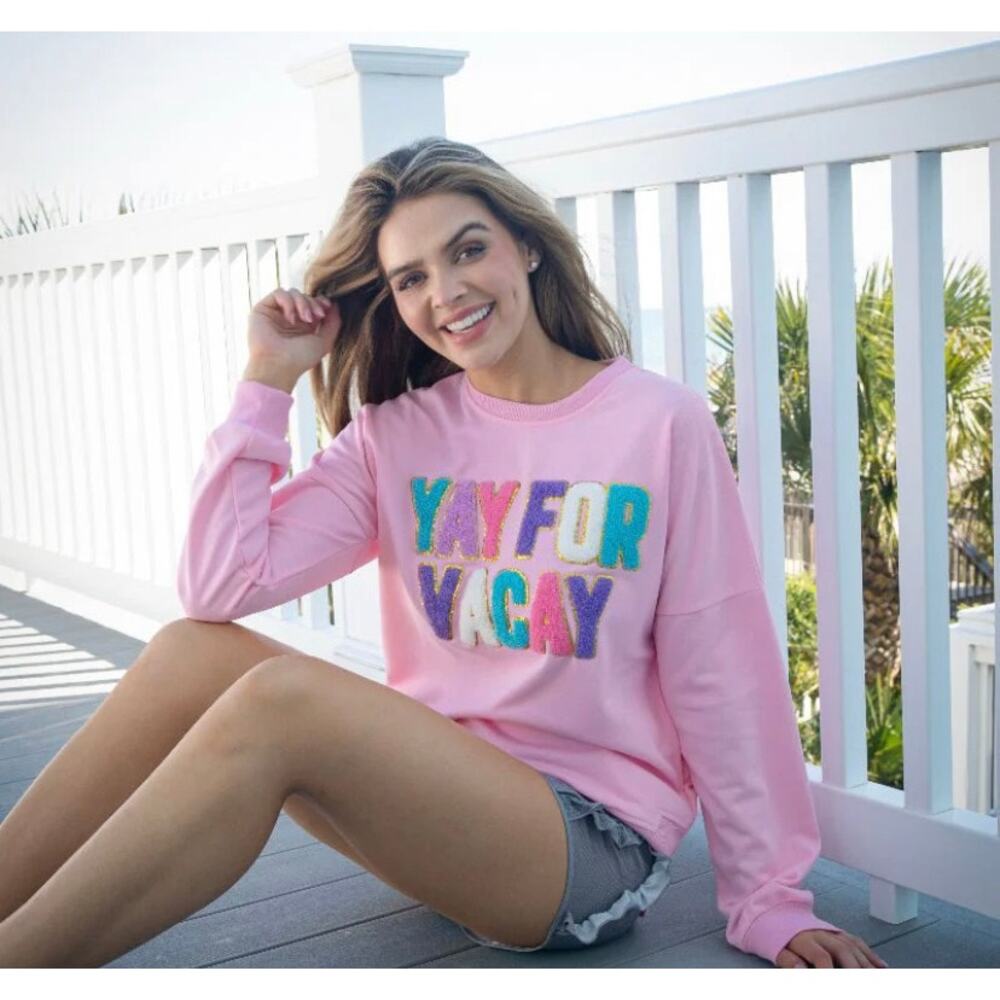 Simply Southern Yay Vacay Sparkle Crew Long Sleeve Shirt Sweatshirt Large